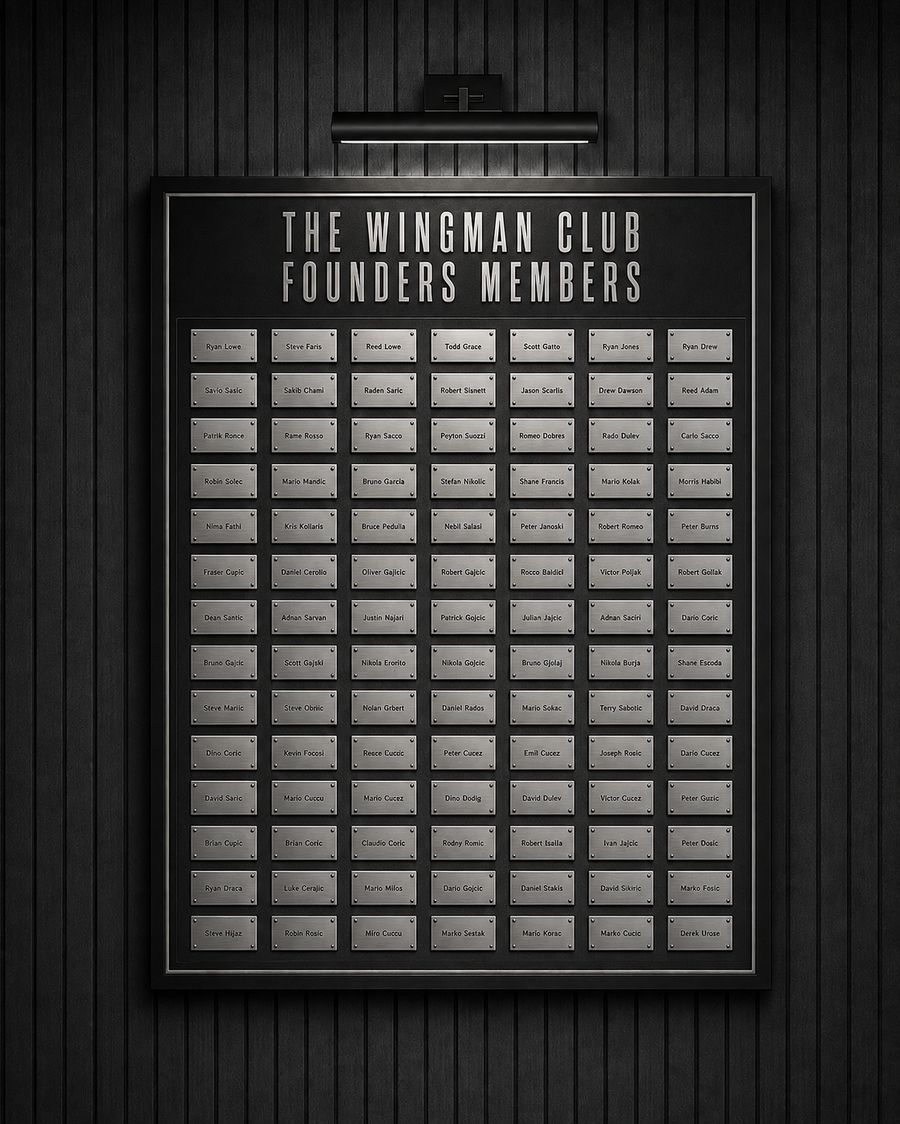 The founders' board, seventy engraved name plates on dark wood