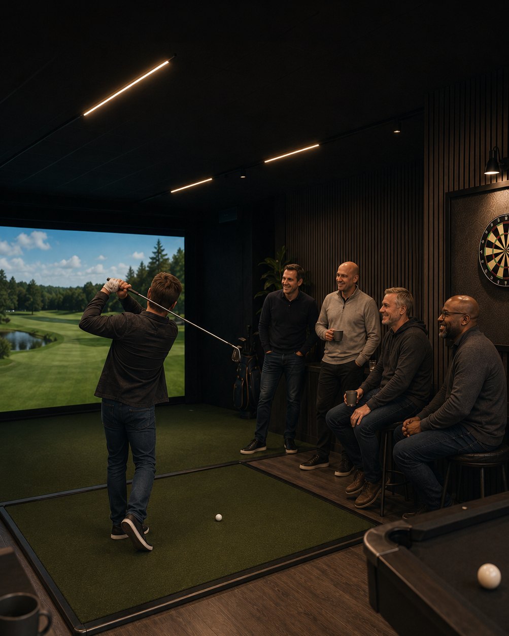 A member mid-swing in the simulator bay, four others watching from the ledge