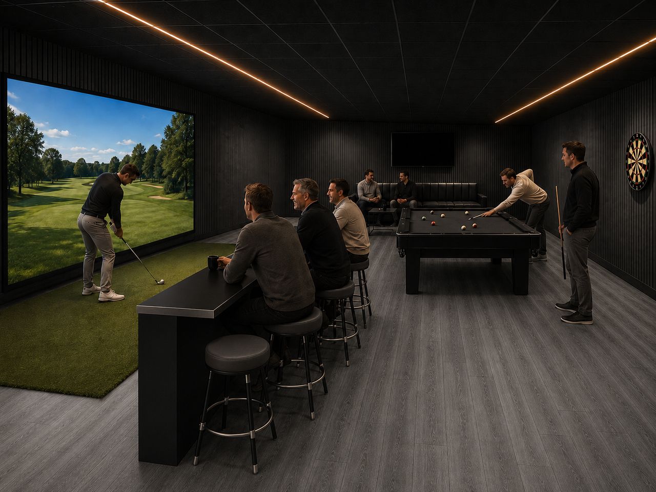 Members at the ledge watching a fourth hit into the golf simulator