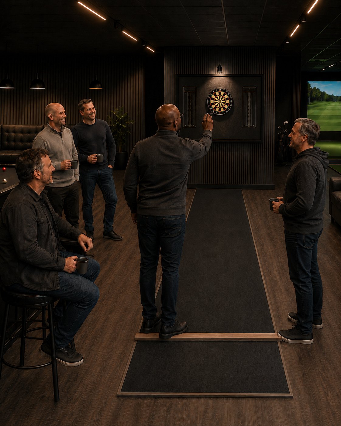 Five members at the oche, one throwing, the rest watching